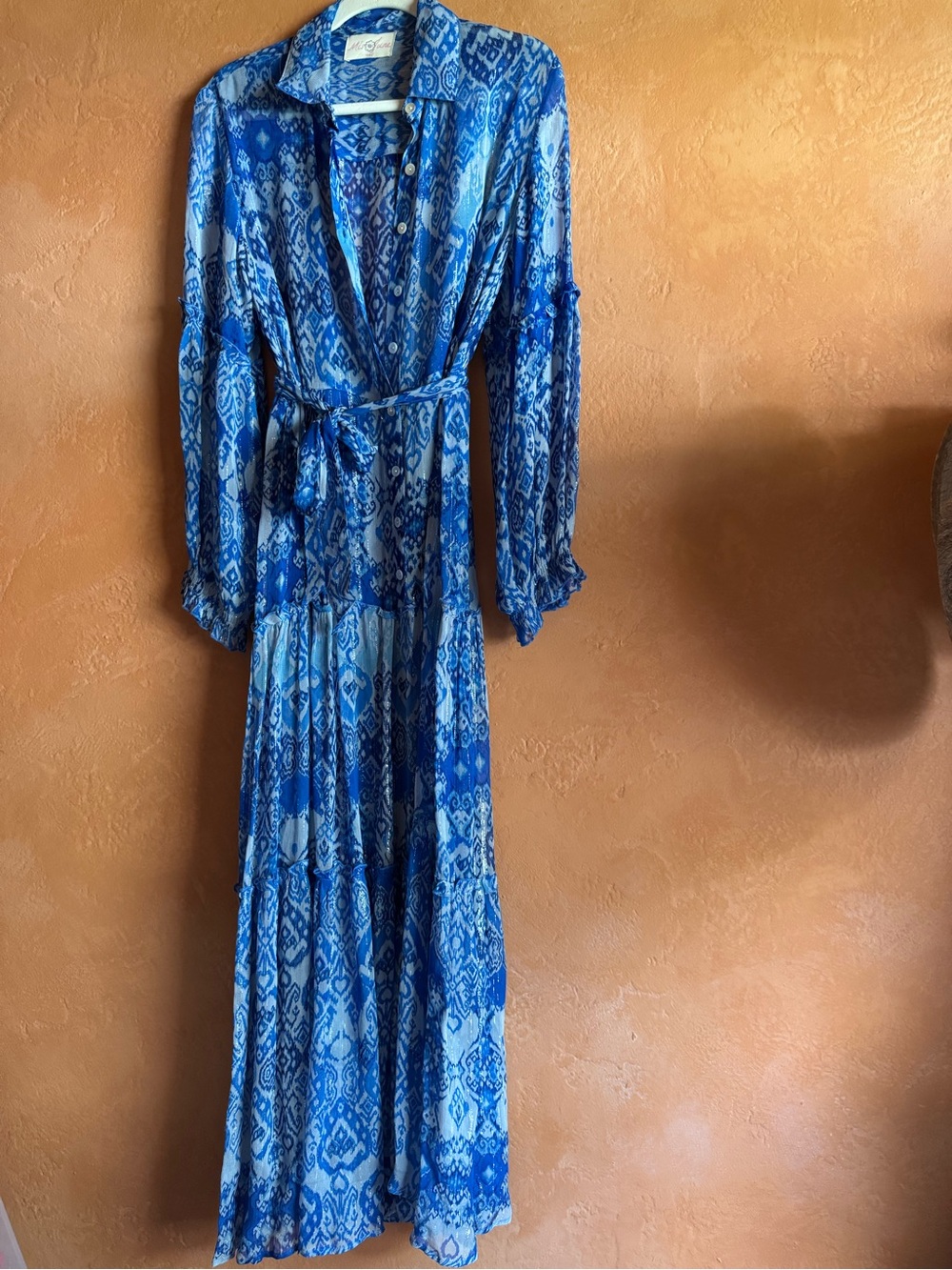 Miss June Paris Sheer Blue Ikat Resort Maxi Shirt Dress One Size